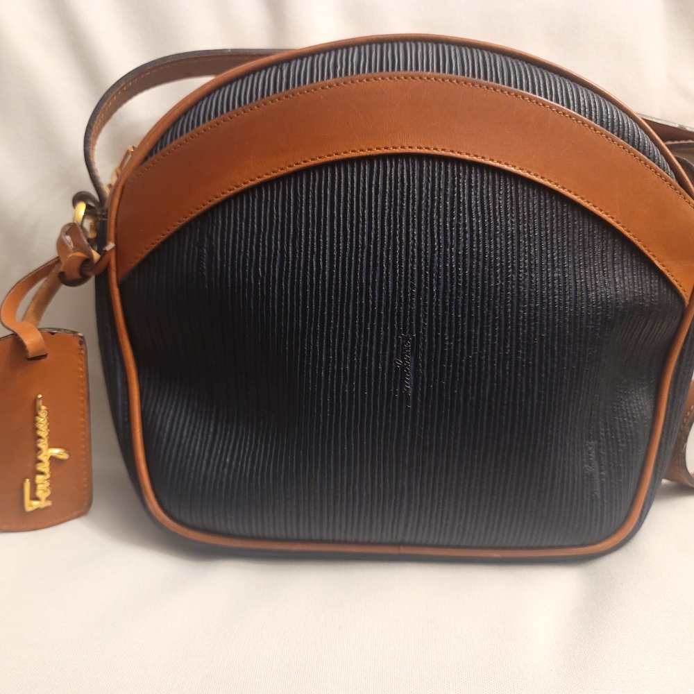 Womens Salvatore Ferragamo Dark Navy Blue & Tan Shoulder Crossbody Bag